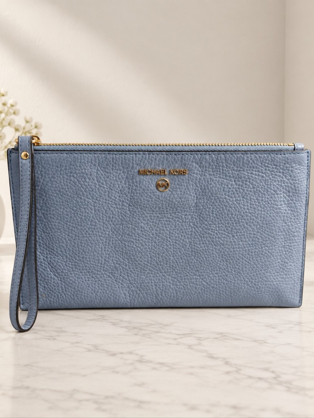 Michael Kors Light Blue Pebbled Leather Zip Wristlet Clutch Large